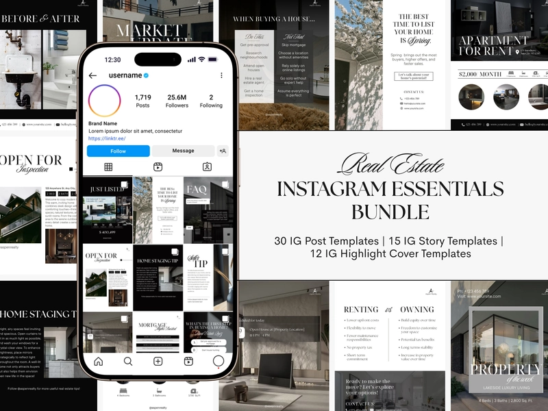 Luxury Real Estate Instagram Bundle | Social Media Posts | Realtor Marketing | Highlight Covers | Story Templates